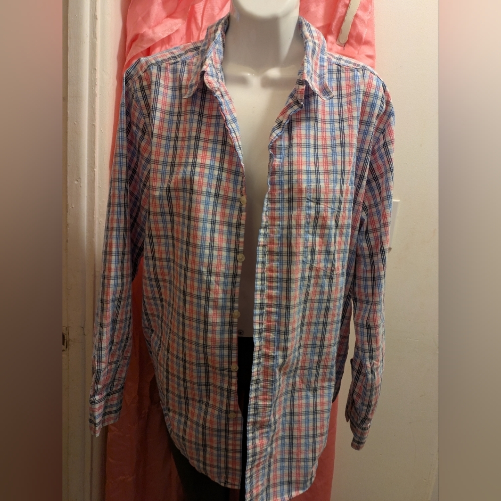 Light Blue, Pink, and White Plaid Casual Button Down Shirt